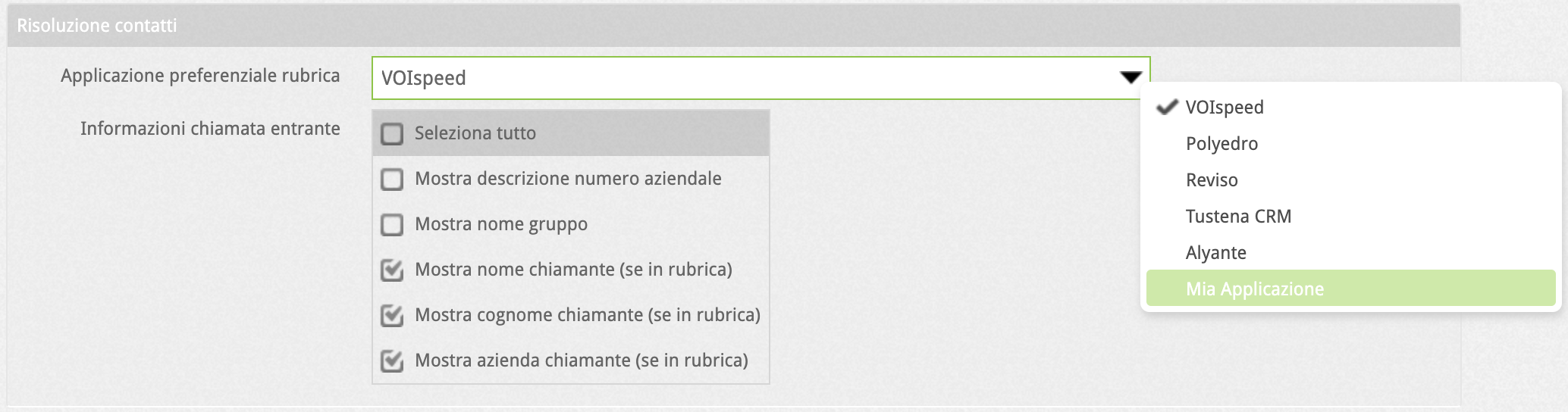 Configurazione risoluzione contatti utente